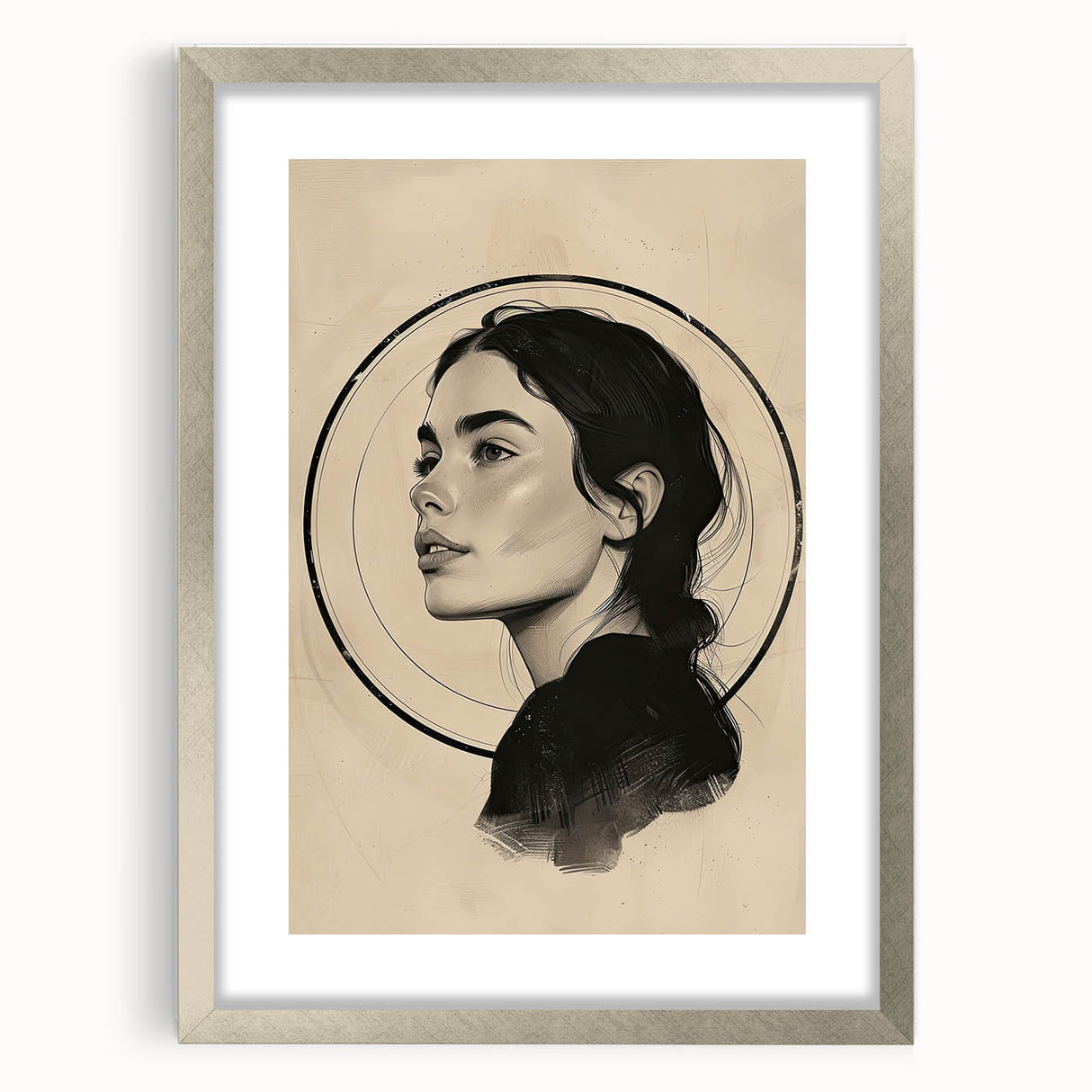 Abstract minimalist wall art framed in silver with a mat, showcasing a contemporary design ideal for modern home decor, emphasizing elegance and simplicity.