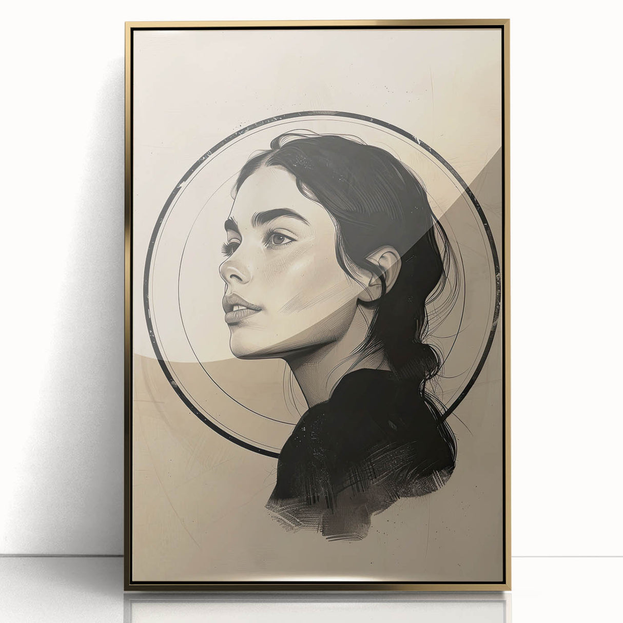 Framed acrylic wall art featuring an abstract minimalist design with gold accents, showcasing a modern aesthetic ideal for contemporary decor.