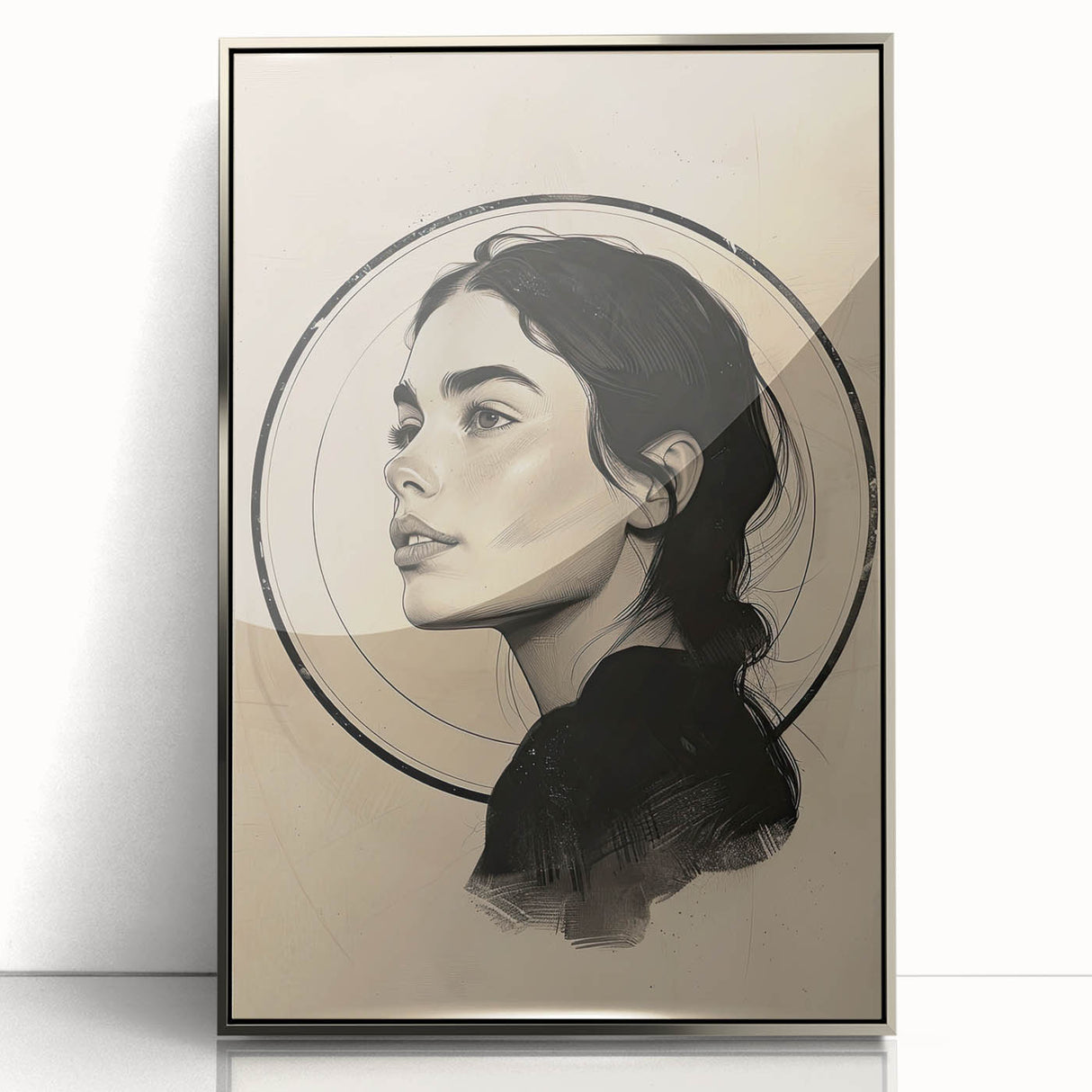 Framed acrylic wall art featuring a minimalist design in muted silver tones, showcasing abstract shapes and lines, ideal for modern interior decor.