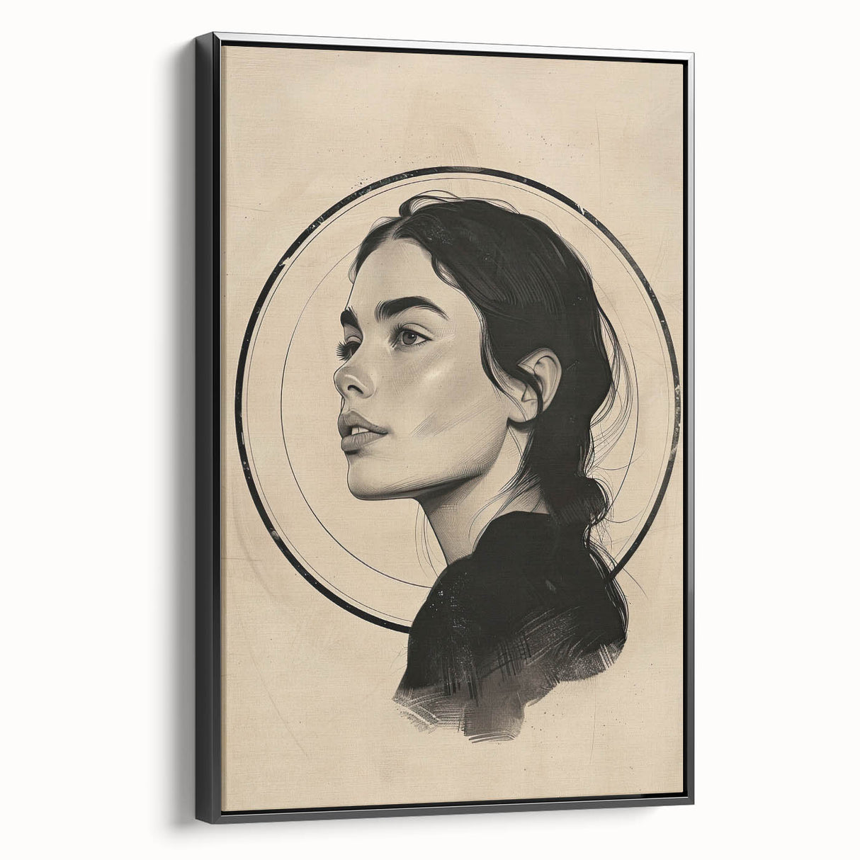 Framed canvas wall art showcasing an abstract minimalist design in black, viewed from the side, perfect for modern home decor. This elegant piece enhances any living space with its sleek lines and contemporary style, making it a striking focal point.
