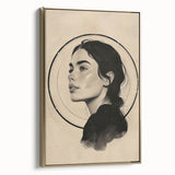 Framed abstract minimalist wall art showcasing a gold design on a textured canvas, positioned at an angle to highlight its elegant frame and modern aesthetic. Perfect for contemporary home decor.