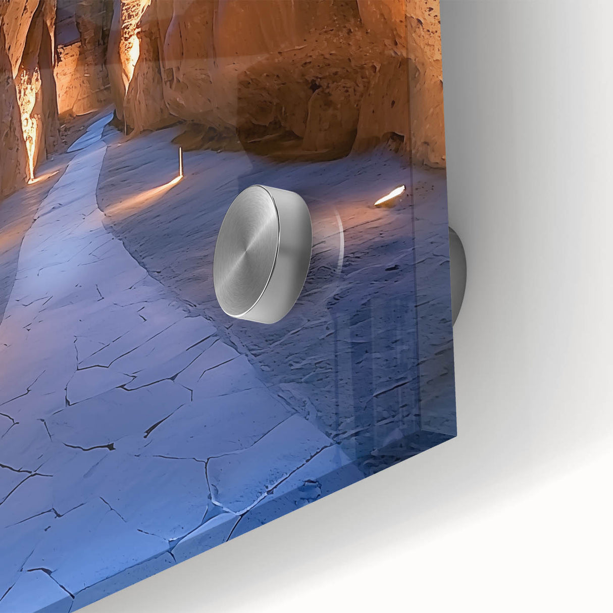Close-up of an acrylic glass artwork depicting vibrant landscapes and caves, showcasing intricate details and rich colors, ideal for modern home decor.