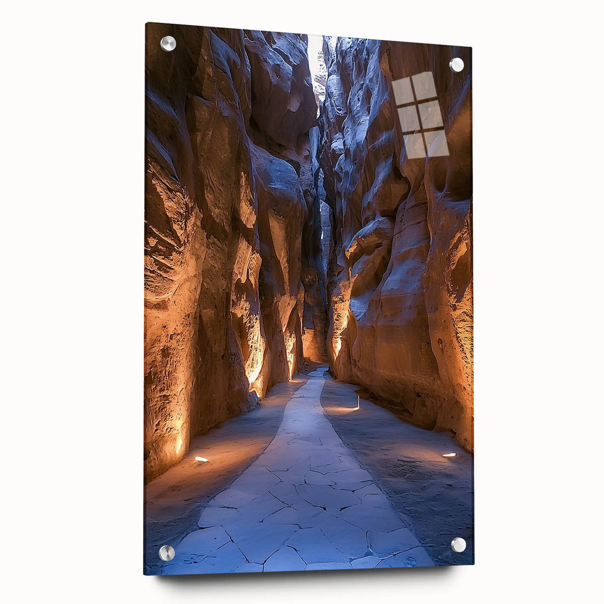 Acrylic glass landscape artwork showcasing a serene cave scene, displayed from a side view with decorative pins, perfect for modern home decor.