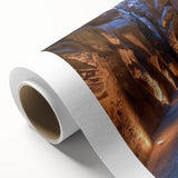 Vibrant rolled canvas print showcasing a stunning landscape with intricate cave formations, textured surface, and packaged securely in a sturdy cardboard tube for easy shipping.