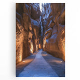 Stretched canvas artwork depicting a stunning landscape scene with intricate cave formations, featuring earthy tones and textures, perfect for home decor or art enthusiasts.