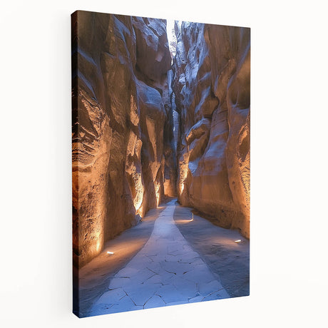 Stretched canvas artwork depicting a serene landscape with caves under a vibrant sunset, showcasing rich colors and intricate textures, perfect for home decor.