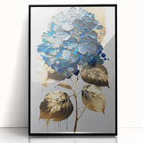 Modern Floral Canvas Wall Art – Blue Hydrangea & Gold Accents
