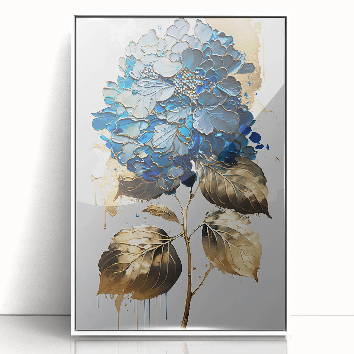 Modern Floral Canvas Wall Art – Blue Hydrangea & Gold Accents
