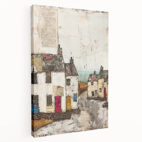 Abstract architectural wall art on stretched canvas, showcasing geometric shapes in vibrant shades of blue, orange, and white, perfect for modern decor.