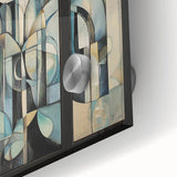 Close-up of an abstract geometric acrylic glass artwork featuring vibrant colors and intricate patterns, ideal for modern home decor. This stunning piece adds a unique touch to any space, highlighting artistic creativity and contemporary design.