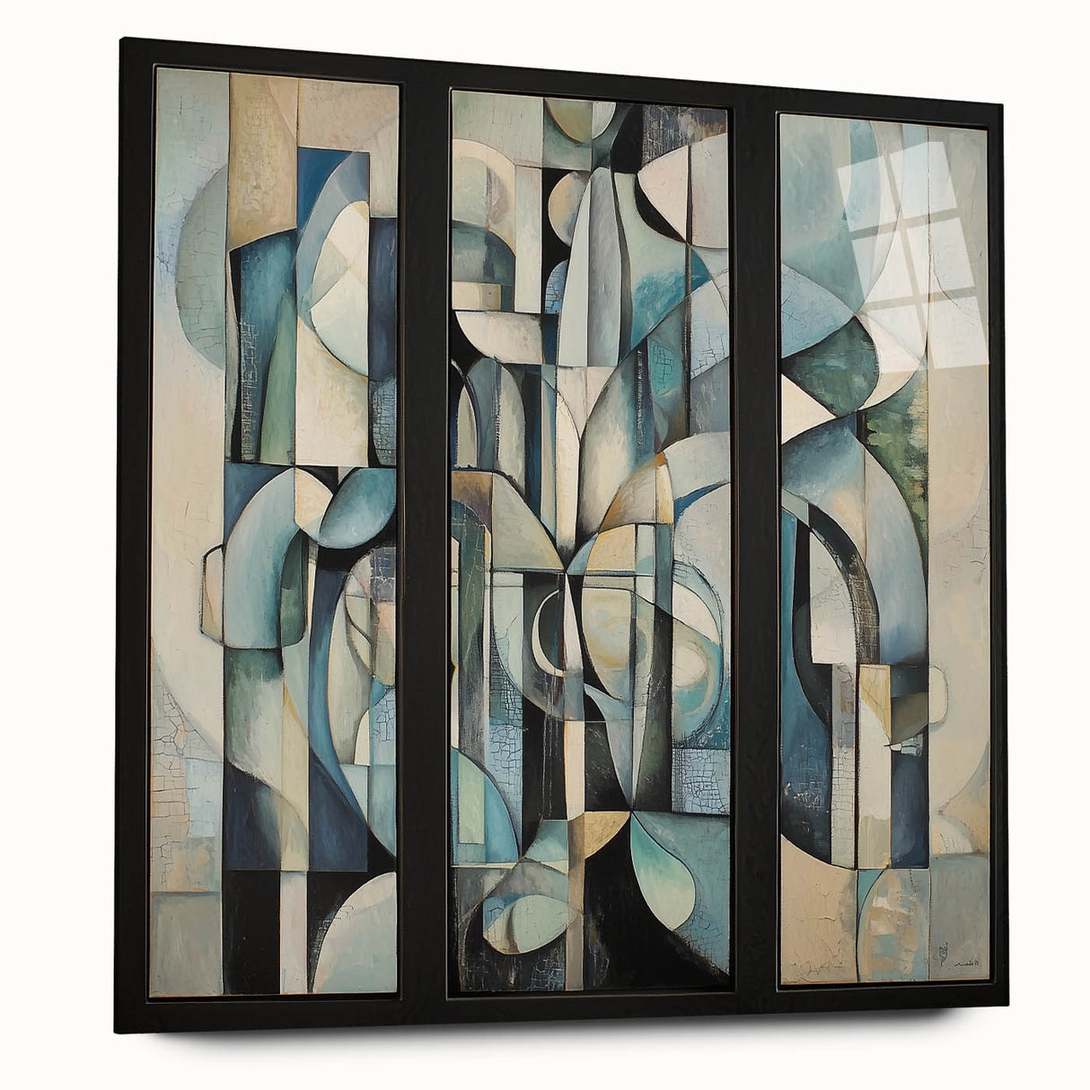 Abstract geometric acrylic glass artwork showcasing vibrant colors and intricate patterns, viewed from the side, emphasizing modern design aesthetics. Ideal for contemporary decor.