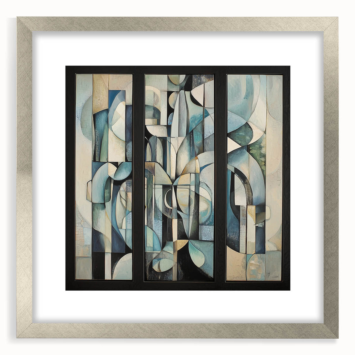 Abstract geometric silver frame with a matte finish, showcasing a modern art design. Ideal for contemporary decor, enhancing elegance in living spaces.
