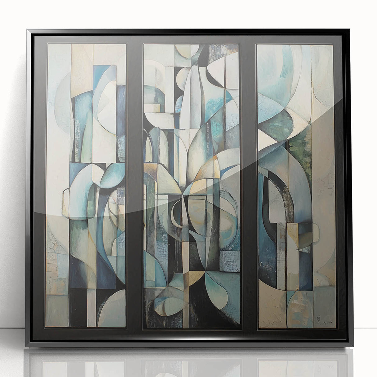 Abstract geometric wall art design in a sleek black frame, showcasing vibrant shapes and colors on a clear acrylic surface, ideal for modern interior decor.