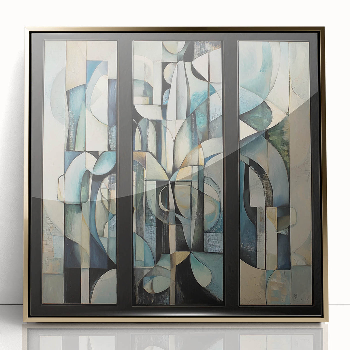 Abstract geometric framed acrylic art piece in gold tones, showcasing a modern design with sharp angles and soft curves, perfect for contemporary decor.