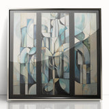 Abstract geometric framed acrylic artwork in silver, showcasing intricate shapes and patterns, perfect for modern home decor. This piece adds a sleek, contemporary touch to any living space, enhancing visual interest and style.
