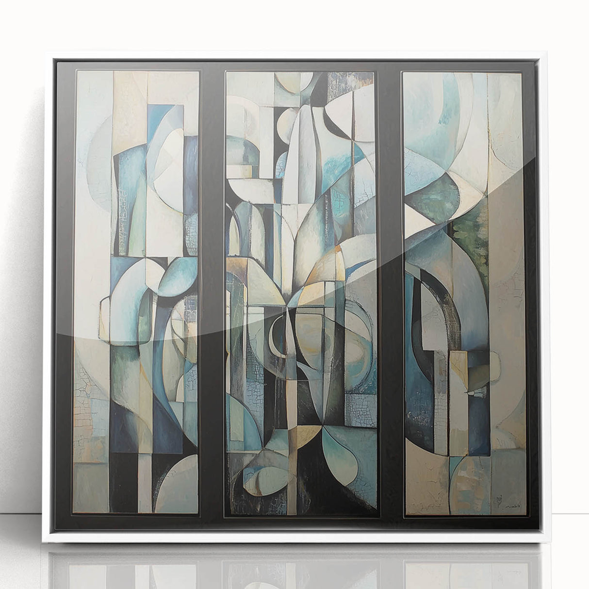 Abstract geometric framed acrylic artwork in white, showcasing dynamic shapes and vibrant colors, perfect for modern home decor and artistic enhancement.