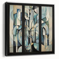 Framed abstract geometric canvas art in black, showcasing a modern design with sharp angles and a sleek profile, ideal for contemporary home decor.