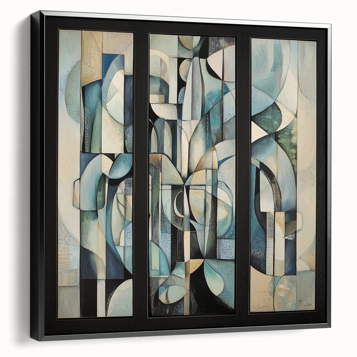 Framed abstract geometric canvas art in black, showcasing a modern design with sharp angles and a sleek profile, ideal for contemporary home decor.