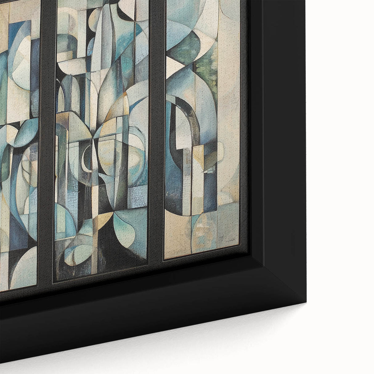 Close-up of a geometric abstract design on a framed canvas, showcasing bold colors and intricate patterns, perfect for modern home decor. Ideal for art enthusiasts and contemporary interior design.