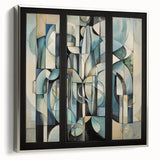 Abstract geometric framed canvas artwork in silver, showcasing intricate shapes and patterns, designed to enhance modern interior decor with a sleek side view.