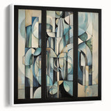 Abstract geometric framed canvas artwork showcasing a modern design in a white frame, highlighting bold shapes and lines that enhance contemporary decor.