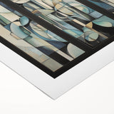 Abstract geometric rolled canvas artwork featuring vibrant shapes in shades of blue, orange, and green, ideal for modern home decor. Packaged securely in a cardboard tube for safe delivery.