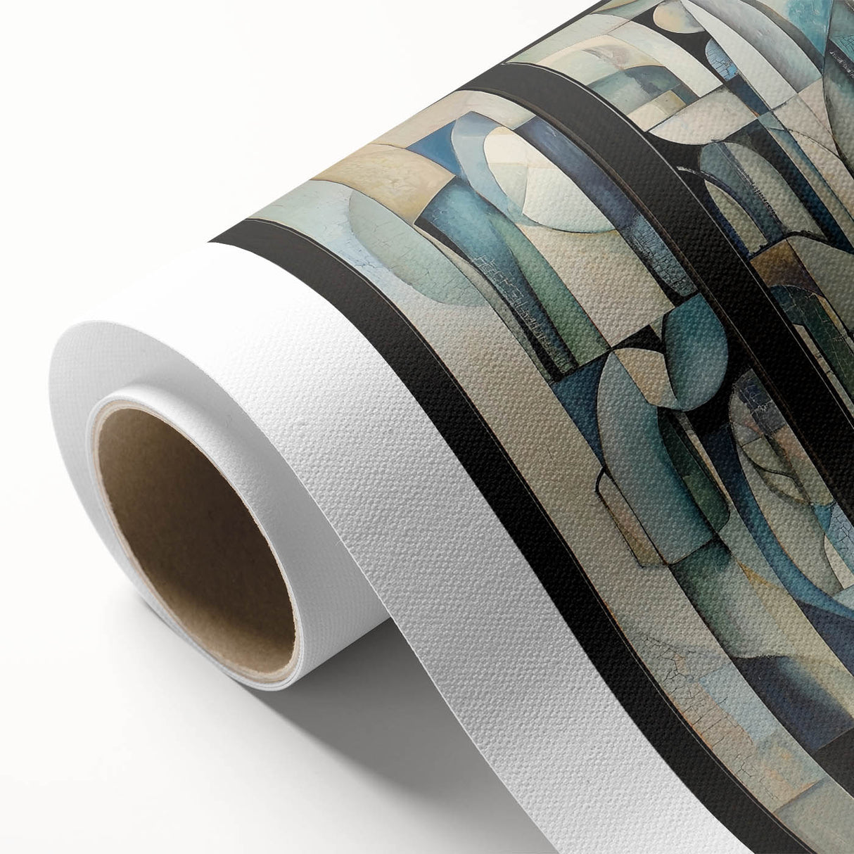 Abstract geometric design printed on rolled canvas, showcasing vibrant colors and intricate patterns, ideal for modern home decor. Packaged securely in a sturdy cardboard tube for safe shipping.