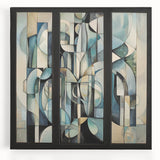 Abstract geometric stretched canvas artwork in vibrant colors, featuring bold shapes and lines, perfect for modern home decor. Ideal for adding a contemporary touch to living spaces.