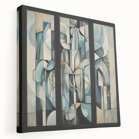 Abstract geometric stretched canvas art showcasing vibrant colors in a modern design, ideal for contemporary home decor, viewed from the side.