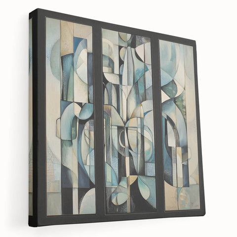 Abstract geometric stretched canvas art showcasing vibrant colors in a modern design, ideal for contemporary home decor, viewed from the side.