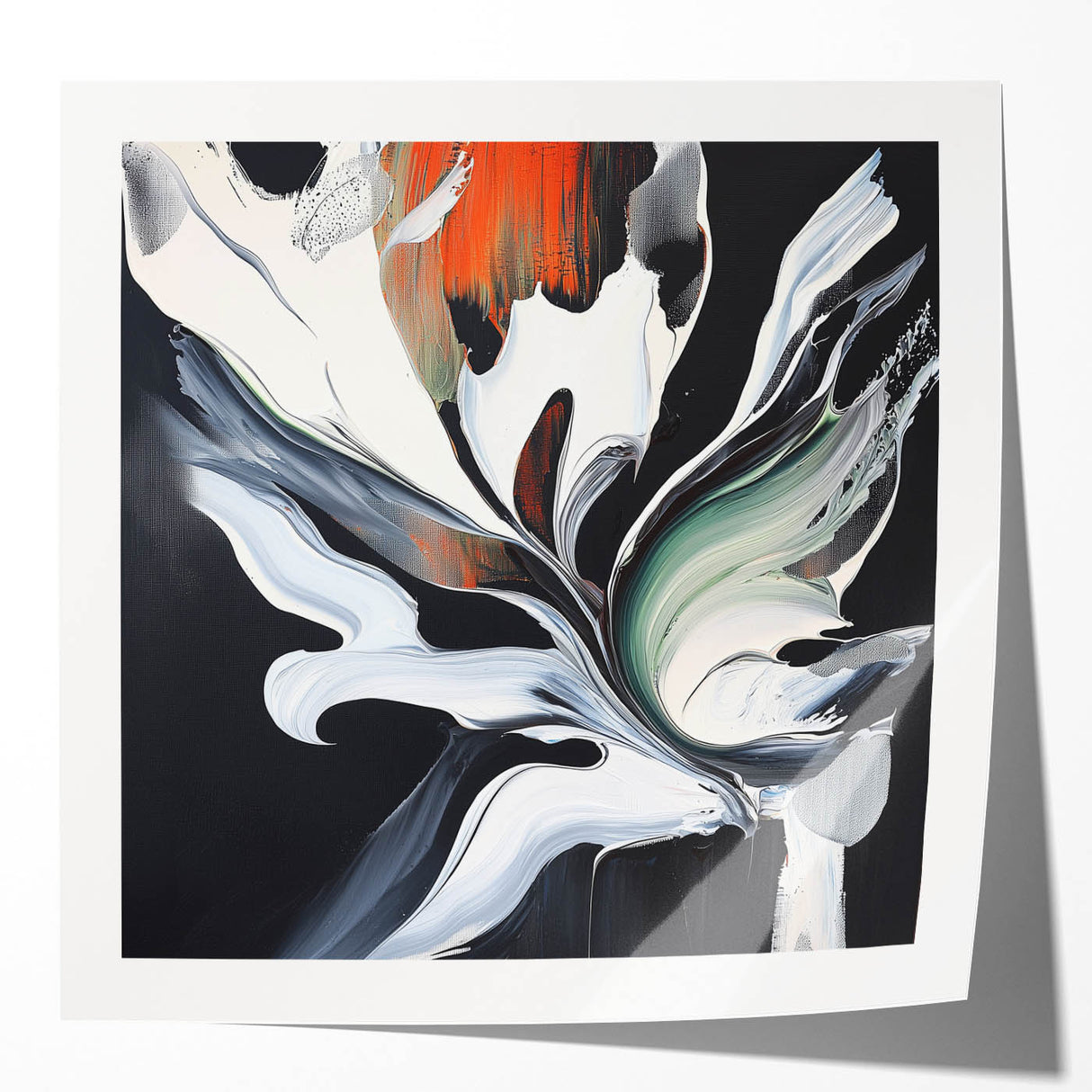 Colorful abstract splatter art print mockup showcasing vibrant hues of blue, red, and yellow on glossy paper, ideal for modern home decor and design inspiration.
