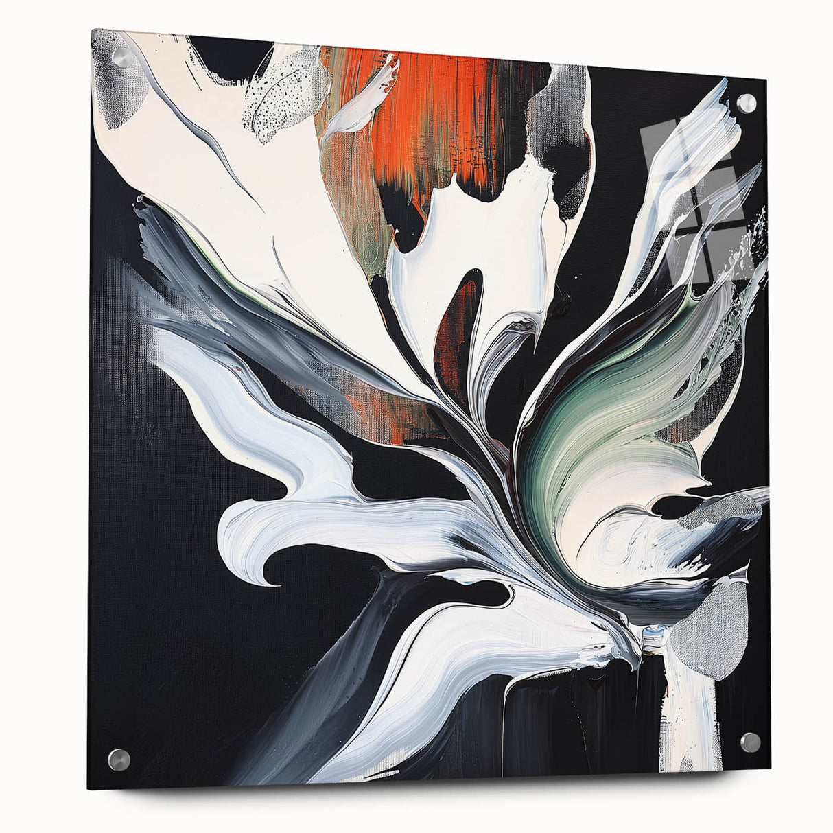 Abstract acrylic glass art piece showcasing vibrant splatters in various colors, displayed from the side with decorative pins, perfect for modern home decor.