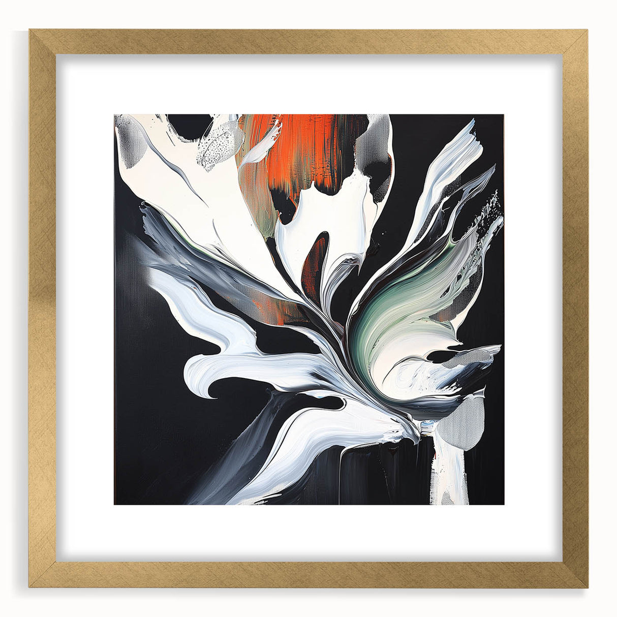 Abstract gold-framed artwork showcasing vibrant splatter designs on a white background, ideal for modern home decor or gallery displays. Stylish and eye-catching.