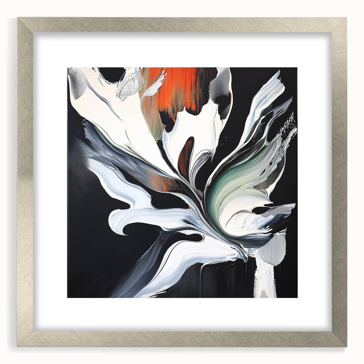 Abstract splatter art frame in silver with a matte finish, showcasing vibrant paint splashes on a white background, ideal for modern home decor.
