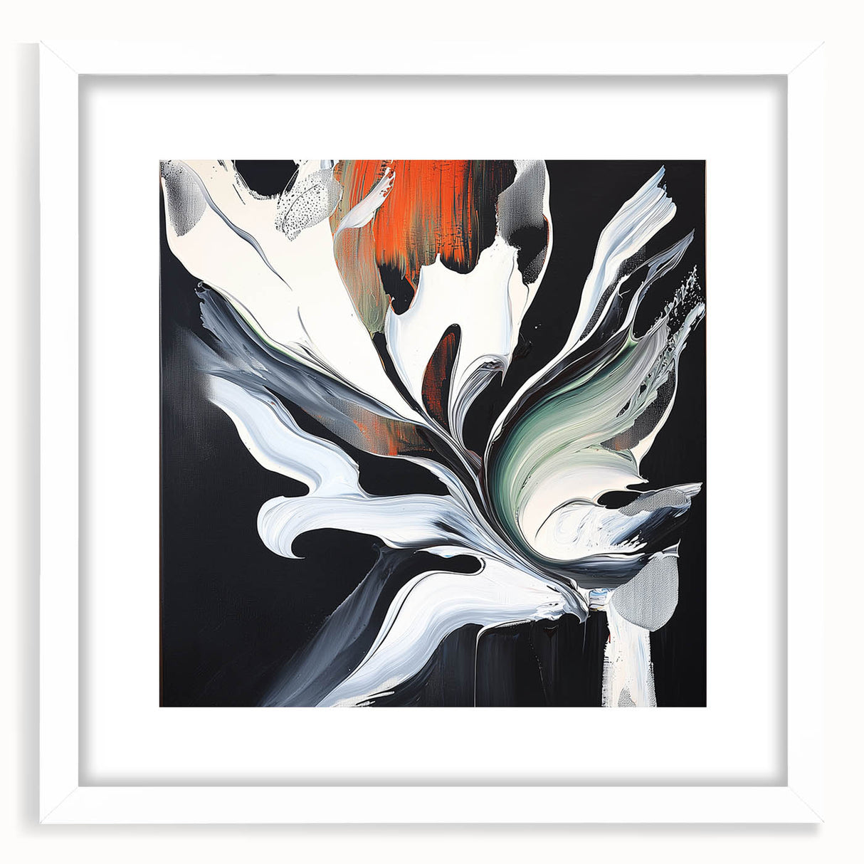 Abstract splatter art frame with a white mat, showcasing vibrant colors and dynamic patterns, perfect for modern home decor or gallery displays.