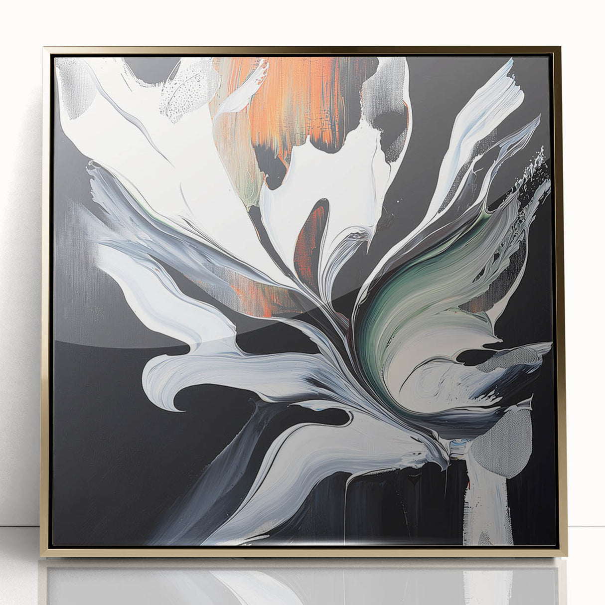 Framed acrylic artwork showcasing vibrant abstract gold splatters against a sleek black background, ideal for modern home decor and art enthusiasts.