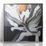 Framed acrylic art piece showcasing vibrant abstract splatters in silver tones, perfect for modern decor. Ideal for enhancing contemporary living spaces.