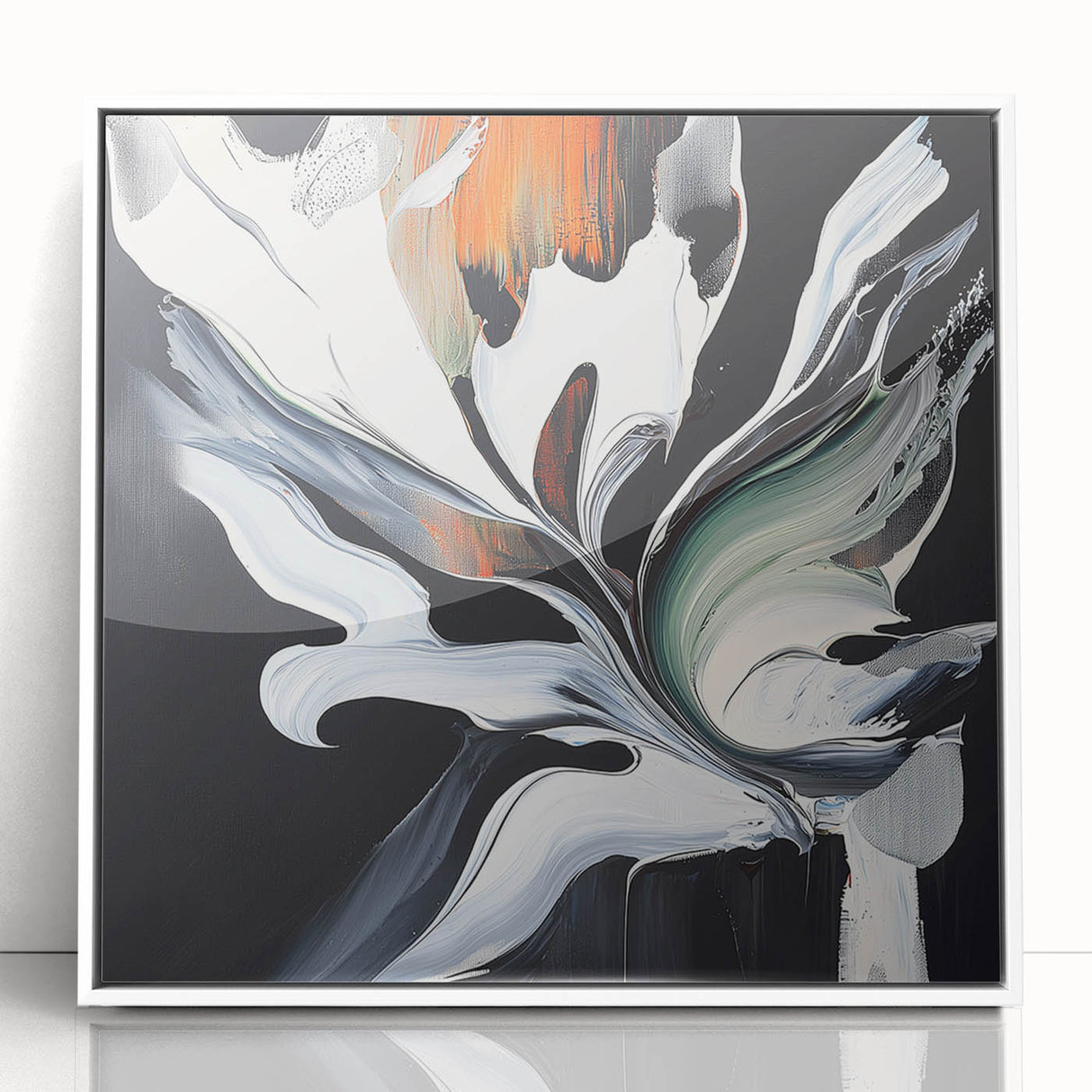 Framed acrylic artwork showcasing vibrant abstract splatters in a white setting, perfect for modern decor. Ideal for adding a splash of color to any room.