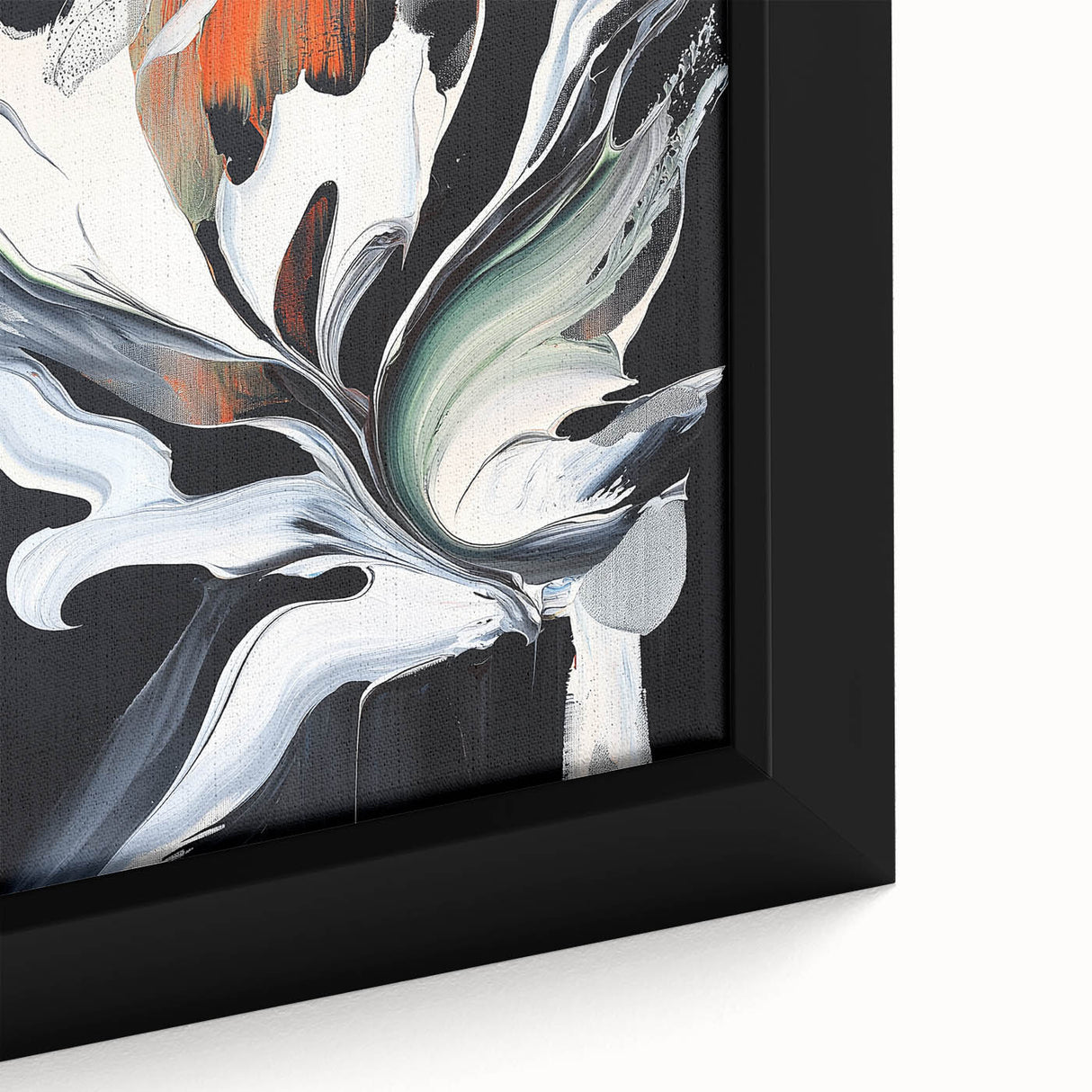 Close-up of a framed canvas showcasing vibrant abstract splatter art in shades of blue, yellow, and orange, highlighting its textured finish and modern design.
