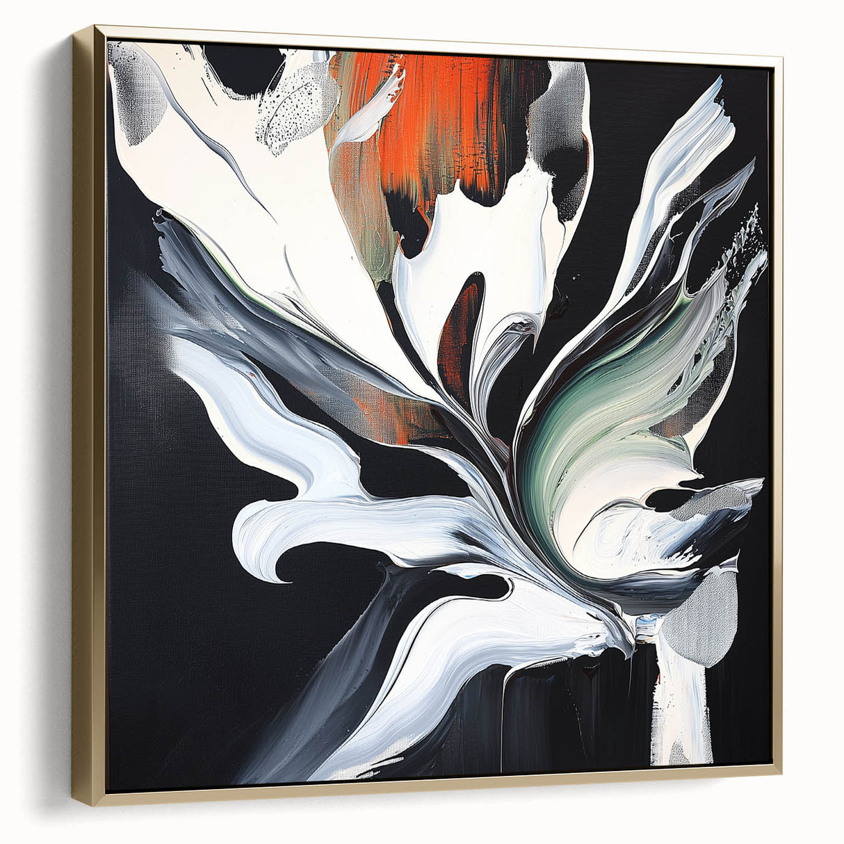 Abstract splattered canvas artwork framed in silver and gold, showcasing vibrant colors and unique patterns, ideal for modern home decor and artistic spaces.
