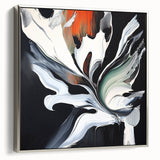 Framed abstract canvas art piece showcasing colorful splatters in vibrant hues, set in a sleek silver frame, ideal for modern home decor accentuation.
