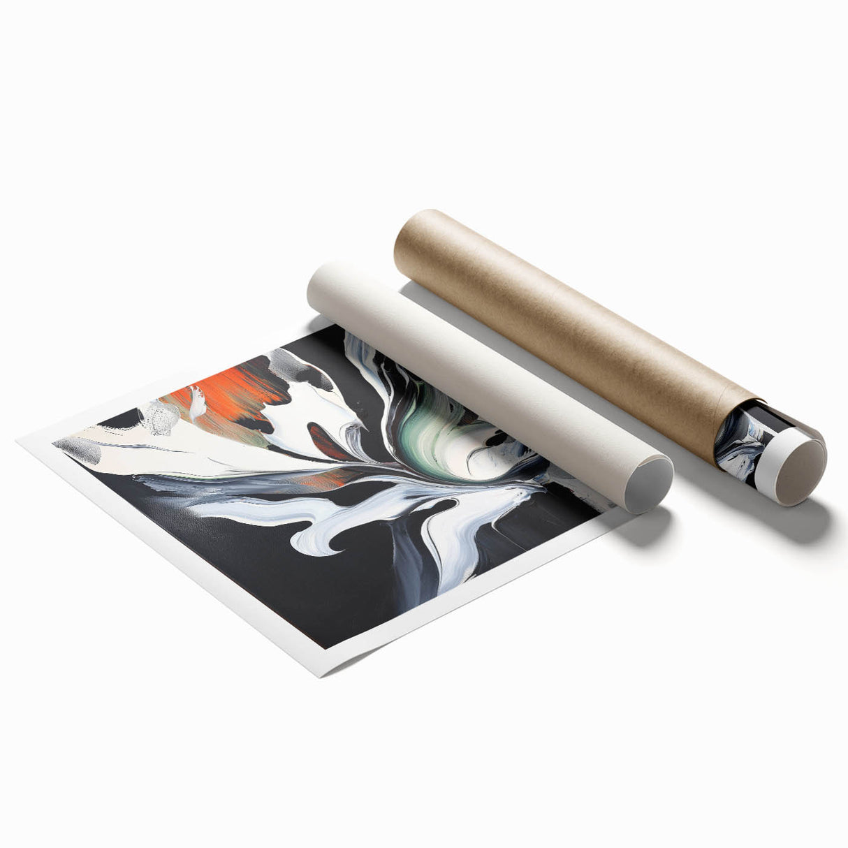 Abstract splatter art print showcasing vibrant colors in a dynamic composition, rolled and ready for framing. Ideal for modern home decor or artistic spaces.
