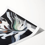 Abstract splatter art print featuring vibrant colors, dynamic shapes, and a textured finish, rolled and ready for display in home or office decor, enhancing modern artistic aesthetics.