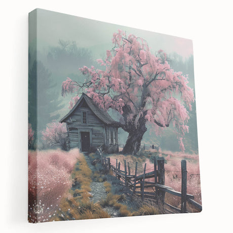 Side view of a stretched canvas depicting a row of colorful cottages, ideal for kitchen wall art.