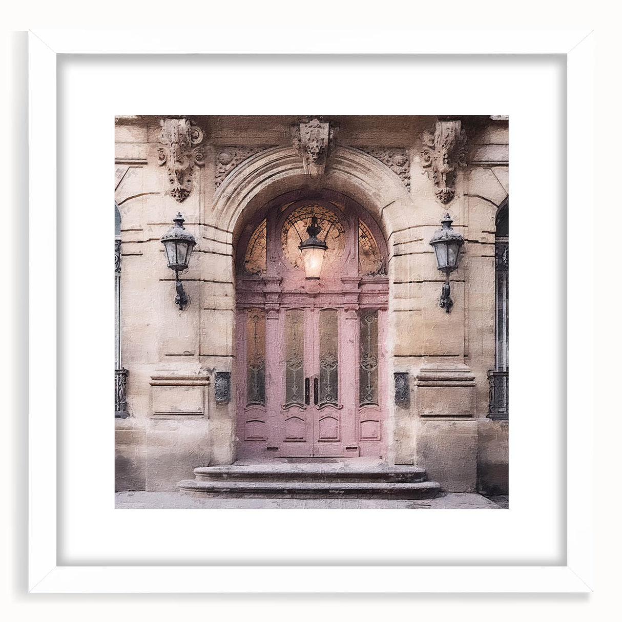 Abstract art print of a French door architecture, in muted gray tones on a white framed poster.