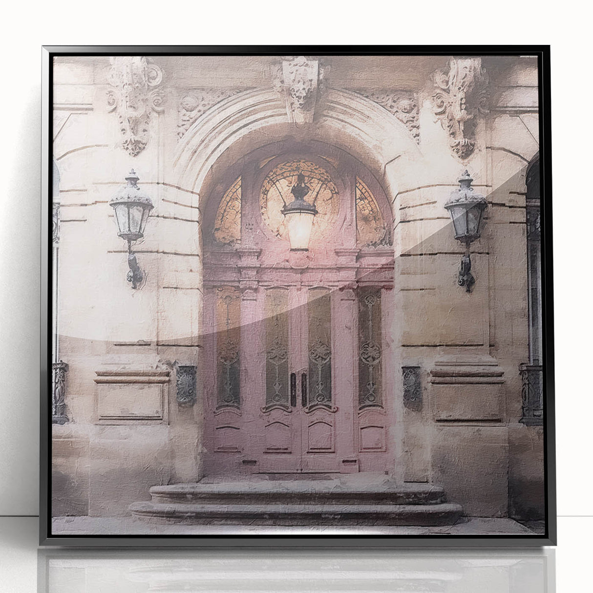 Large abstract wall art featuring a mid-century modernist door design in black and white, acrylic framed print.