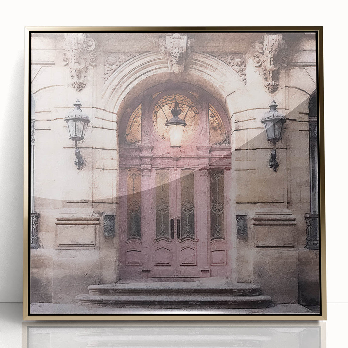 Mid-century modernist French door design in gold and black tones on a framed acrylic, ideal for modern art wall decor.