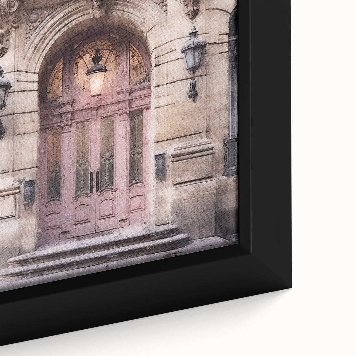 Extra-large black wall art featuring a textured, colorful French door design on framed canvas, ideal for living room decor.