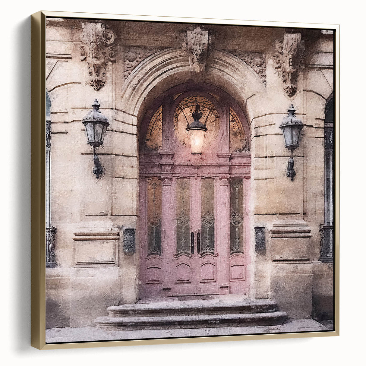 Framed canvas featuring a vintage poster of a black and silver French door in a landscape format.