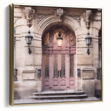 Framed canvas featuring a vintage poster of a black and silver French door in a landscape format.